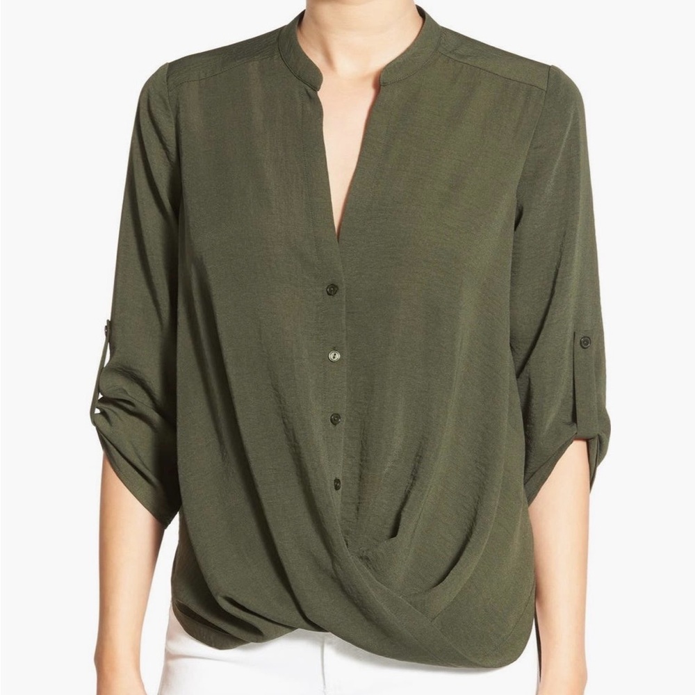 Olive Green Draped Front Women's Blouse